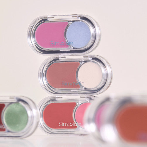 SIM;PLAIN Glim on the night makeup collection showcasing vibrant eyeshadow shades in pink, blue, green, and coral.