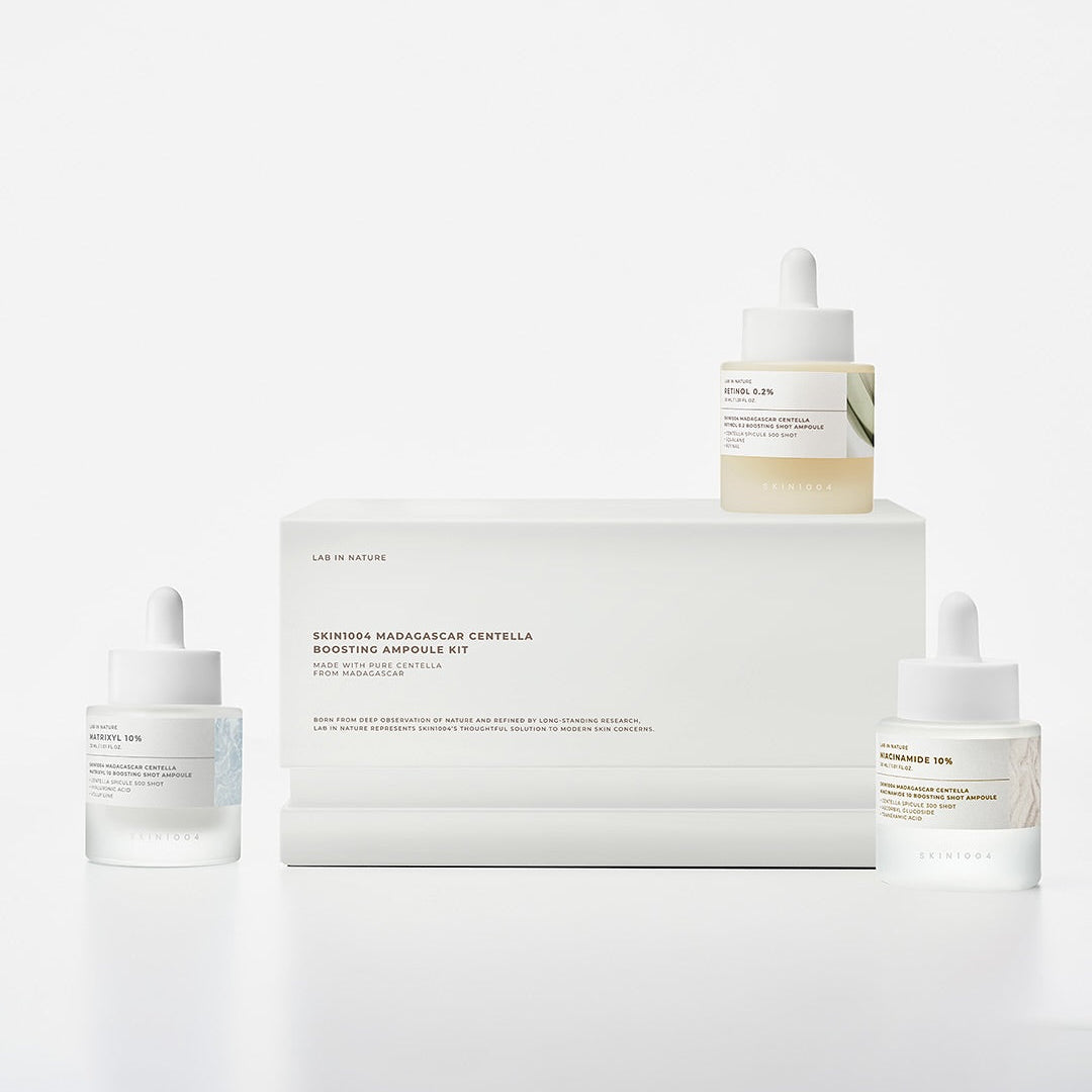 SKIN1004 Madagascar Centella Boosting Ampoule Kit displayed with three ampoules and a box.