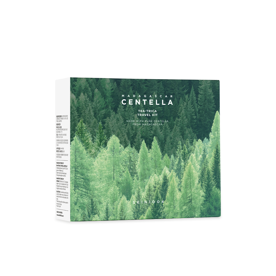 SKIN1004 Madagascar Centella Teatrica Travel Kit packaging with green forest design background