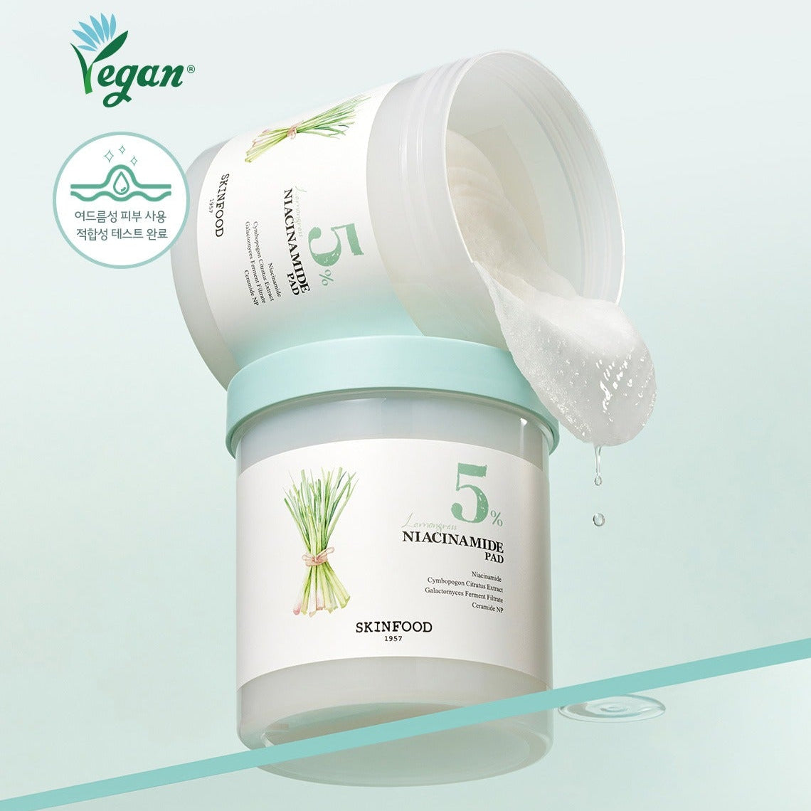 SKINFOOD Lemongrass Niacinamide 5 60 Pads, vegan skincare, hydrating pads with lemongrass and niacinamide for brightening