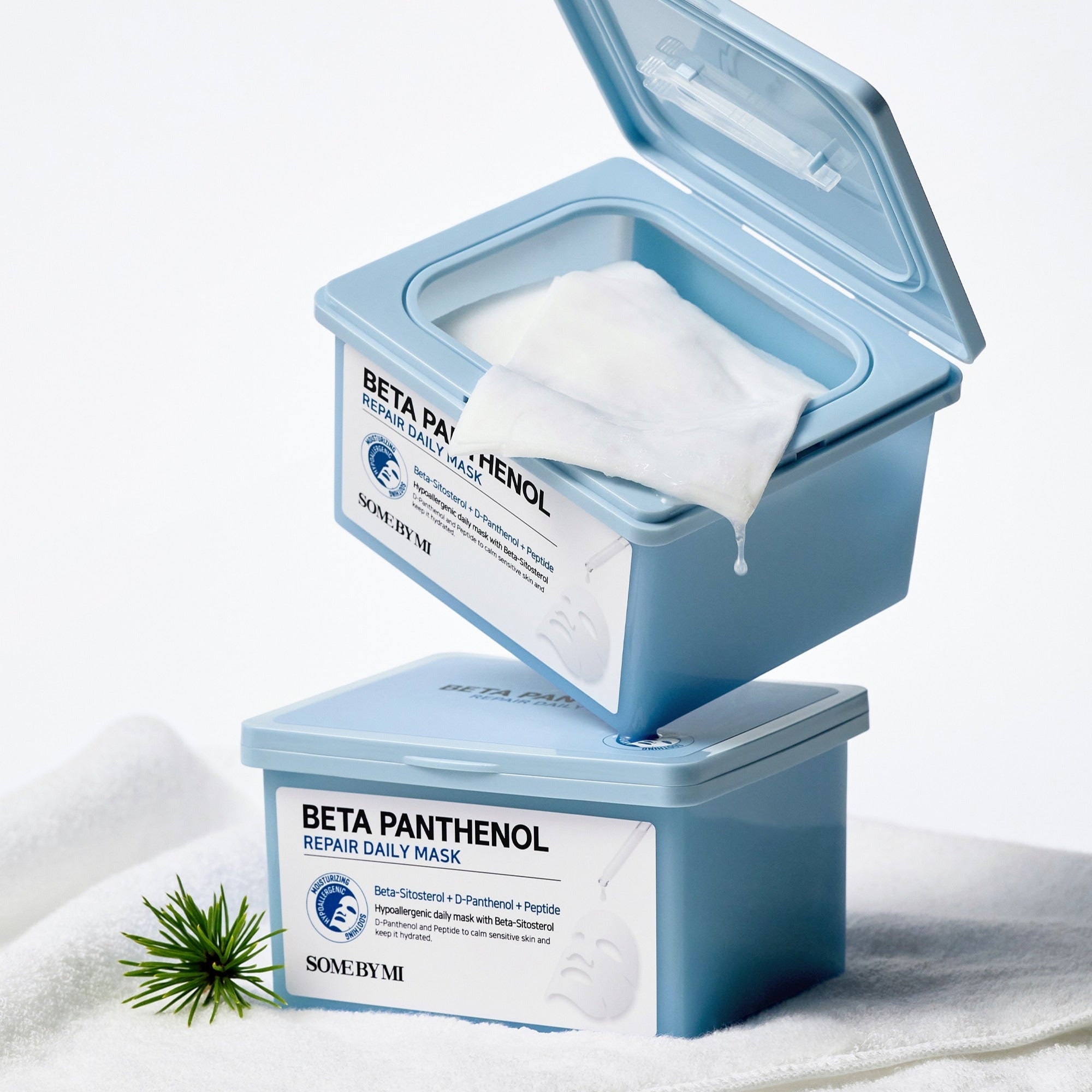 SOME BY MI Beta Panthenol Repair Daily Mask 30ea packaging with open box showing sheet mask and plant accent.