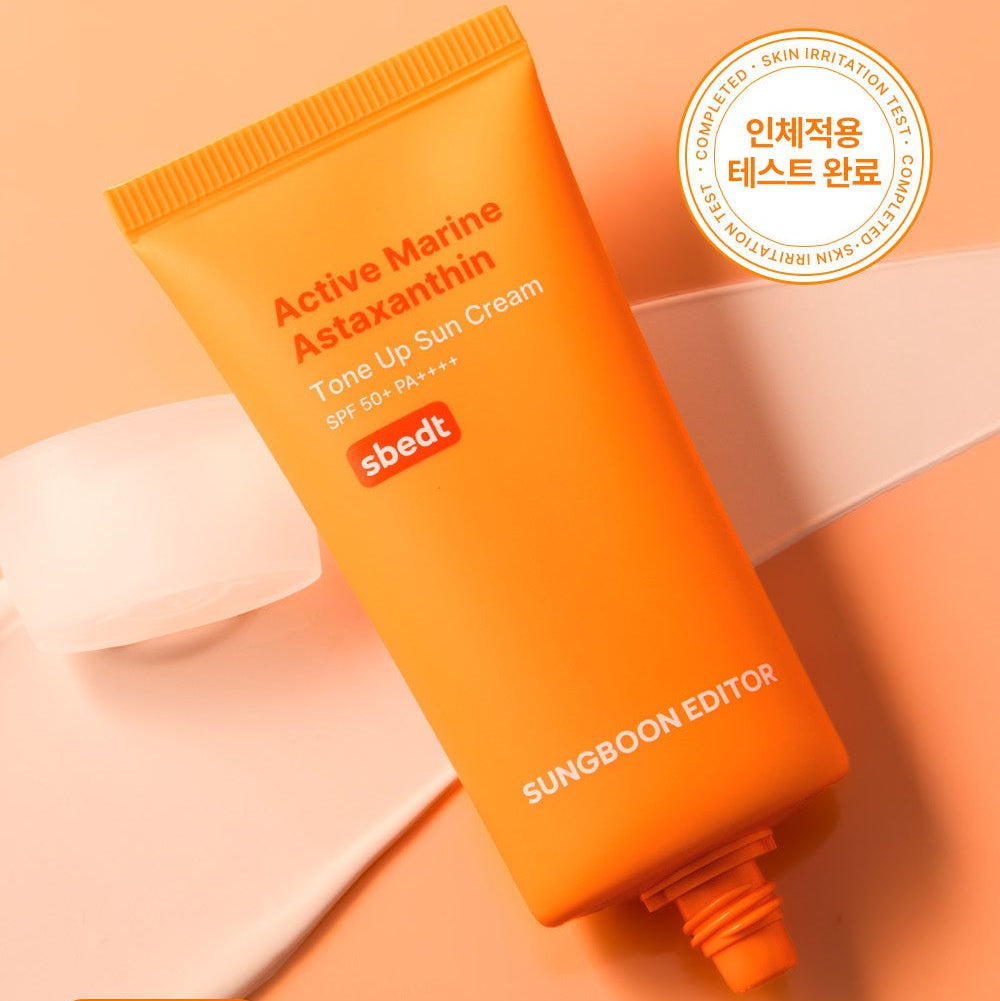 SUNGBOON EDITOR Active Marine Astaxanthin Tone-up Sunscreen 50g product image on a peach background