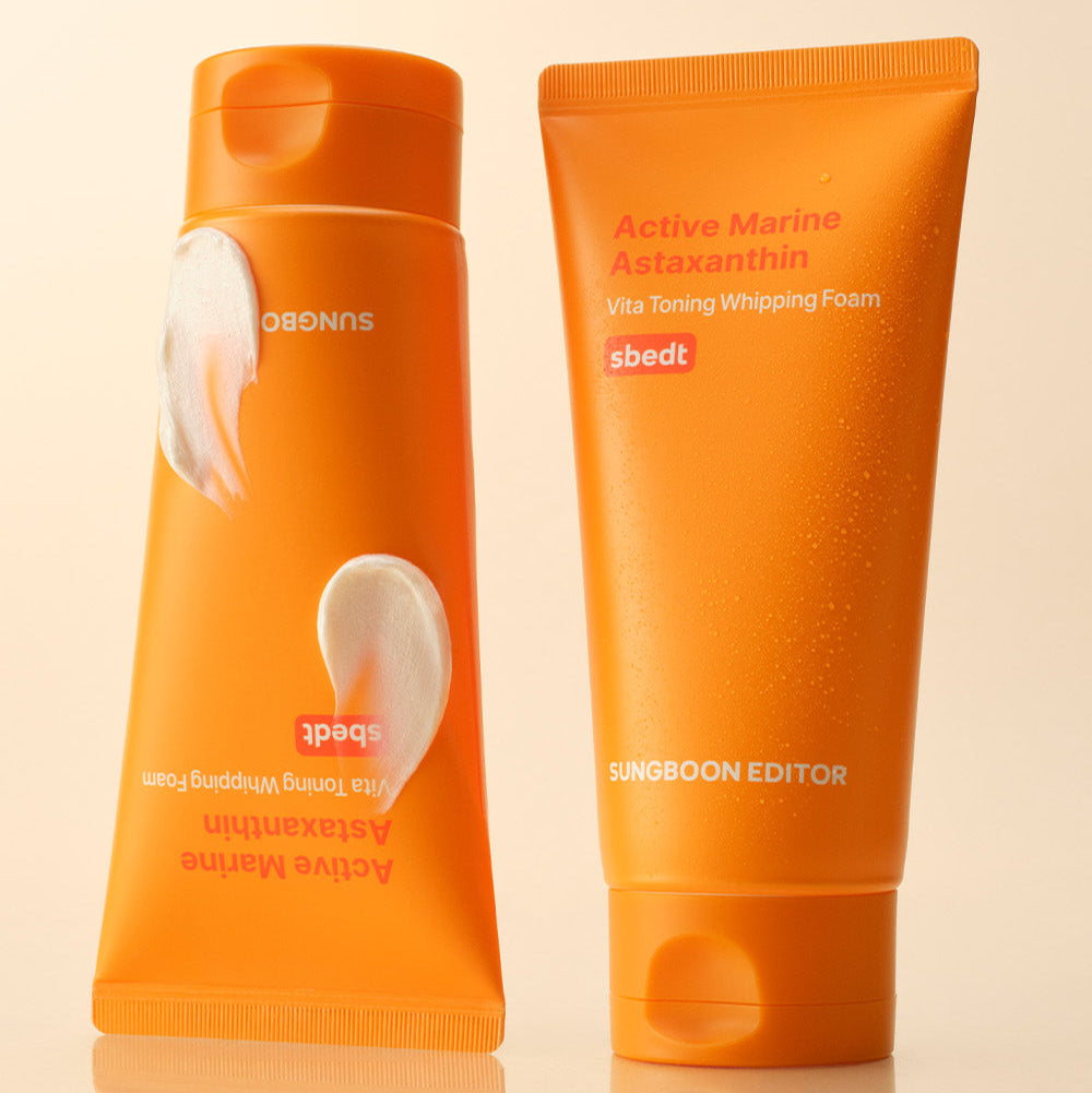 SUNGBOON EDITOR Active Marine Astaxanthin Vita Toning Whipping Foam 120g in orange packaging
