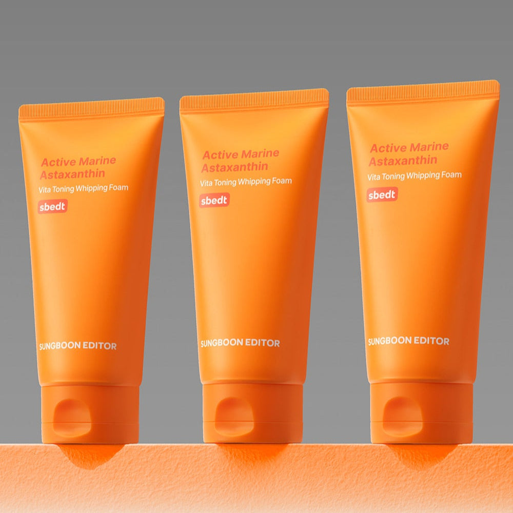 SUNGBOON EDITOR Active Marine Astaxanthin Vita Toning Whipping Foam 120g tubes displayed in a row.