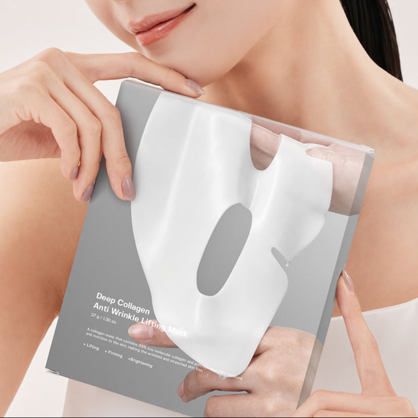 Woman holding SUNGBOON EDITOR Deep Collagen Anti Wrinkle Lifting Mask 37g package