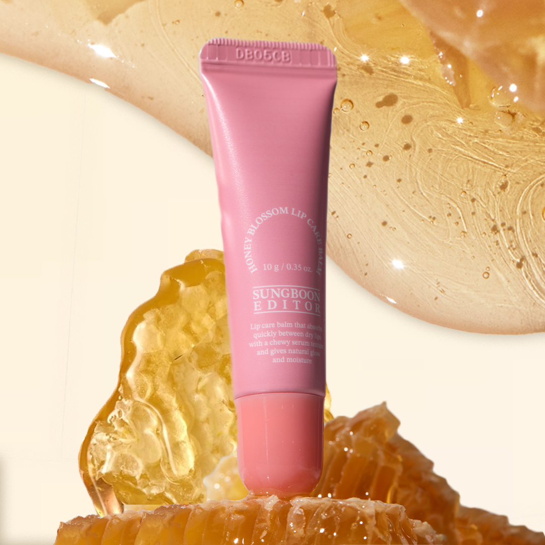 SUNGBOON EDITOR Honey Blossom Lip Care Balm with honeycomb background showcasing moisturizing lip treatment.