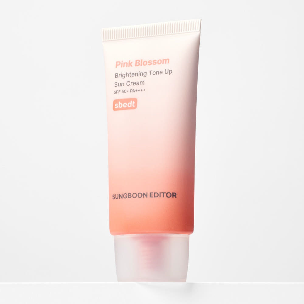 SUNGBOON EDITOR Pink Blossom Brightening Tone-Up Sunscream 50ml with SPF 50, PA++++ in a sleek pink tube for radiant skin protection.