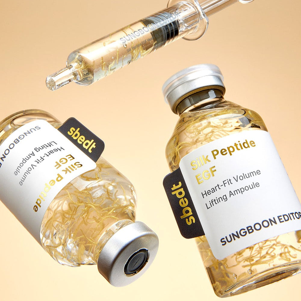 SUNGBOON EDITOR Silk Peptide EGF Heart-Fit Volume Lifting Ampoule 40ml displayed with syringe for skincare enhancement.