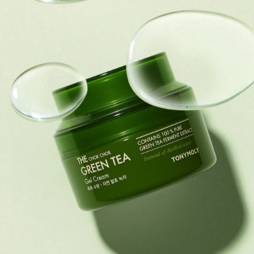 TONYMOLY More Moist Green Tea Gel Cream 60ml with water droplets on green background
