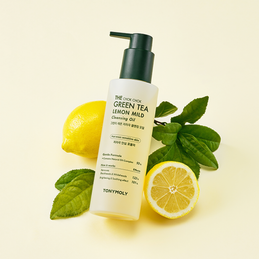 TONYMOLY The Chok Chok Green Tea Lemon Mild Cleansing Oil 200ml with lemon and green tea leaves