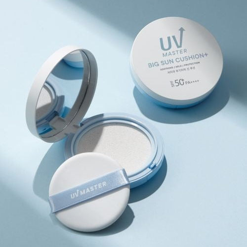 TONYMOLY UV Master Big Sun Cushion Plus 25g with open compact mirror and applicator on light blue background