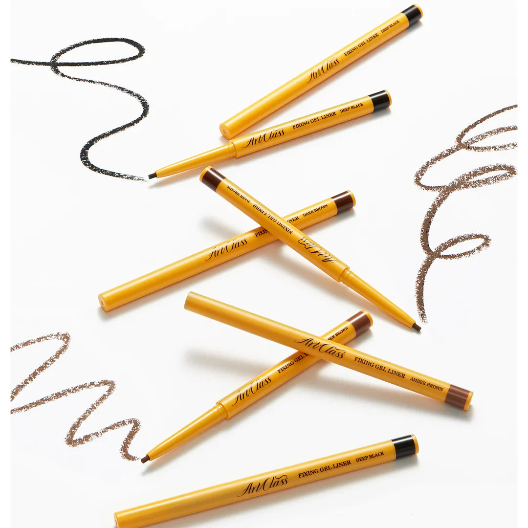 TOO COOL FOR SCHOOL Fixing gel liner displayed on a white background with curved lines drawn in black and brown.