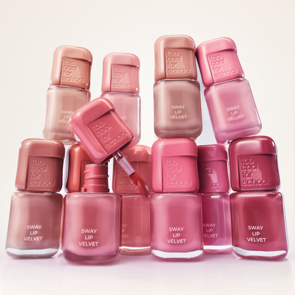 TOO COOL FOR SCHOOL Sway Lip Velvet collection showcasing various shades in sleek packaging.