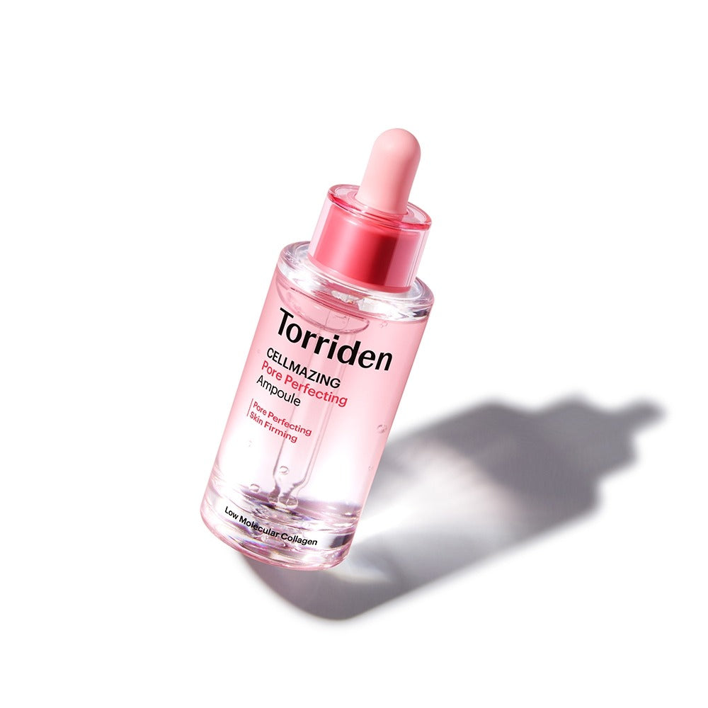 TORRIDEN Cellmazing Porre Perfecting Ampoule 30ml with dropper, clear bottle and pink cap for skincare.