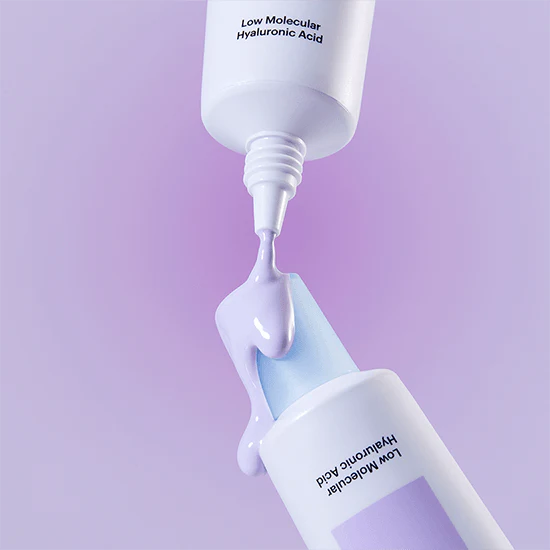 TORRIDEN Dive In Tone Up Sun Cream Purple 50+PA++++ 60ml being poured, showcasing low molecular hyaluronic acid formulation.