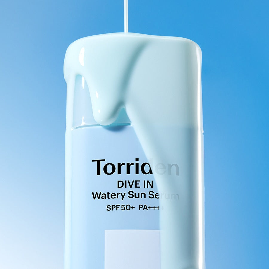 TORRIDEN Dive In Watery Sun Serum SPF50+PA++++ 50ml bottle with light blue serum against a blue background