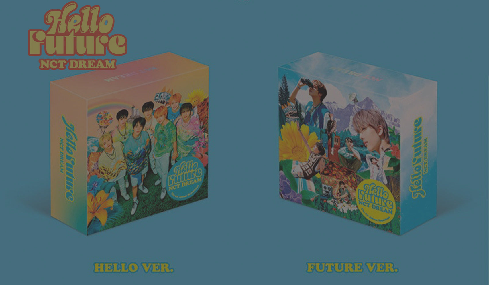 NCT Dream 'Hello Future' album covers featuring colorful designs for Hello Ver. and Future Ver. on a blue background.