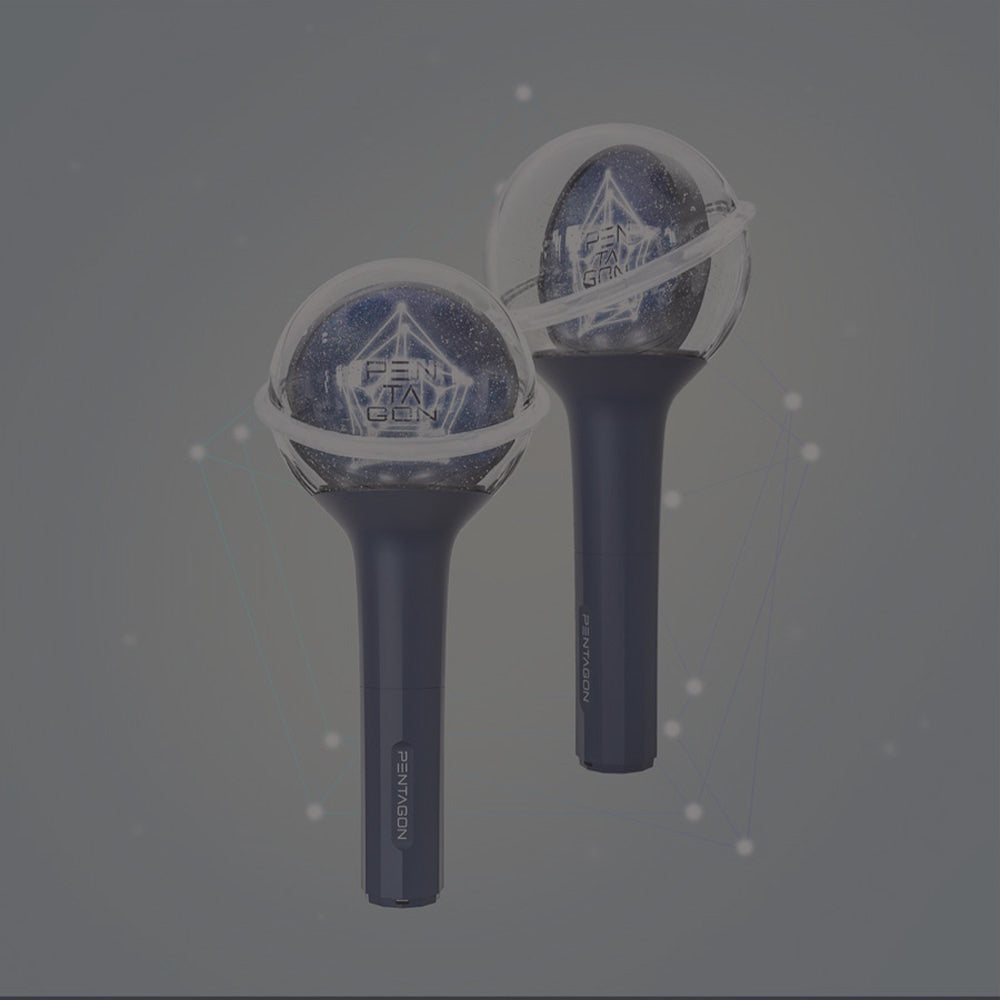 Two sleek, navy blue light sticks with a futuristic design, showcasing a glowing geometric logo inside a clear spherical top.