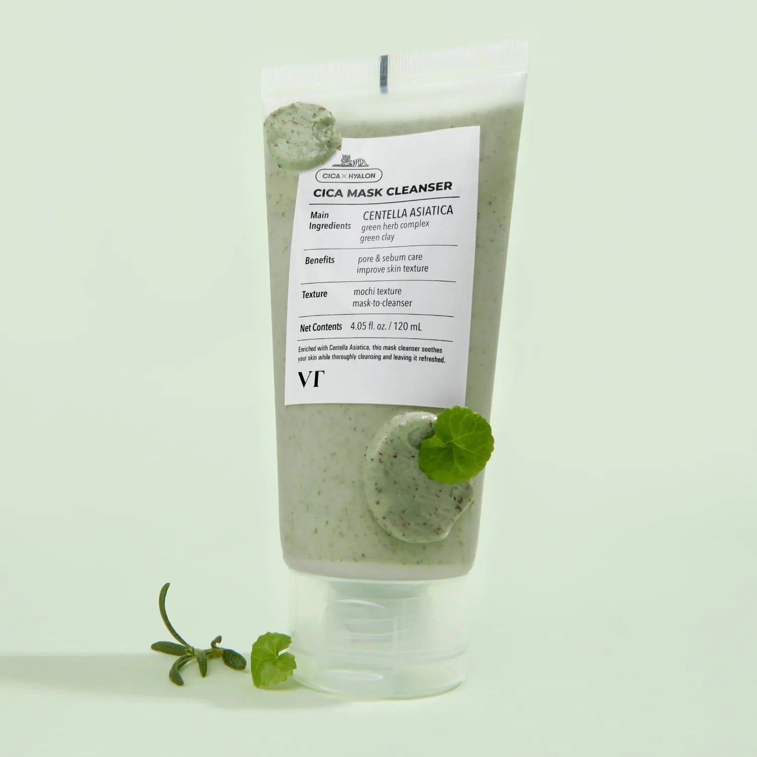 VT COSMETIC Cica Mask Cleanser 120ml product image with green texture and ingredients.