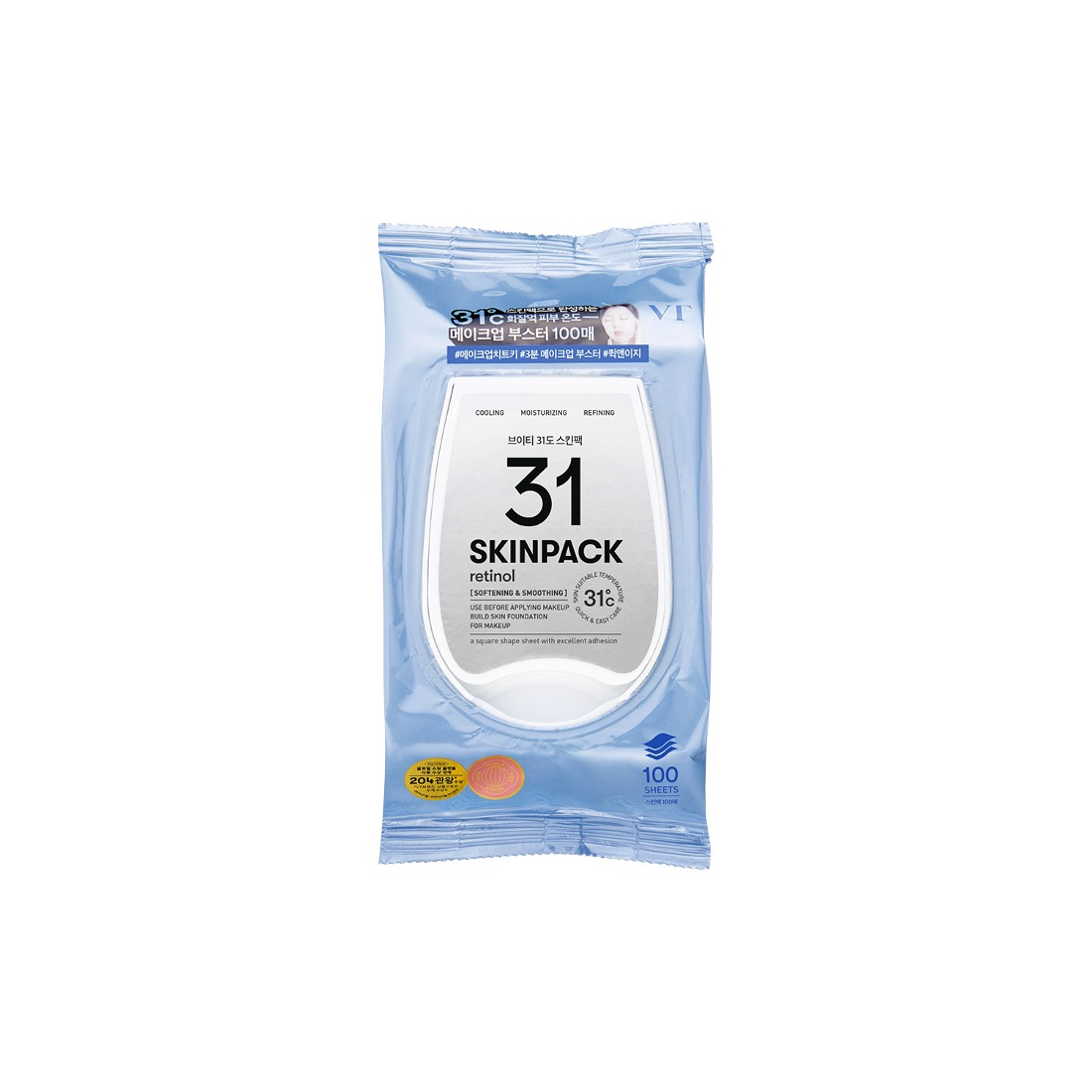 VT COSMETICS 31°C Skin Pack 100p 210g packaging with product details and retinol emphasis in blue wrapper.