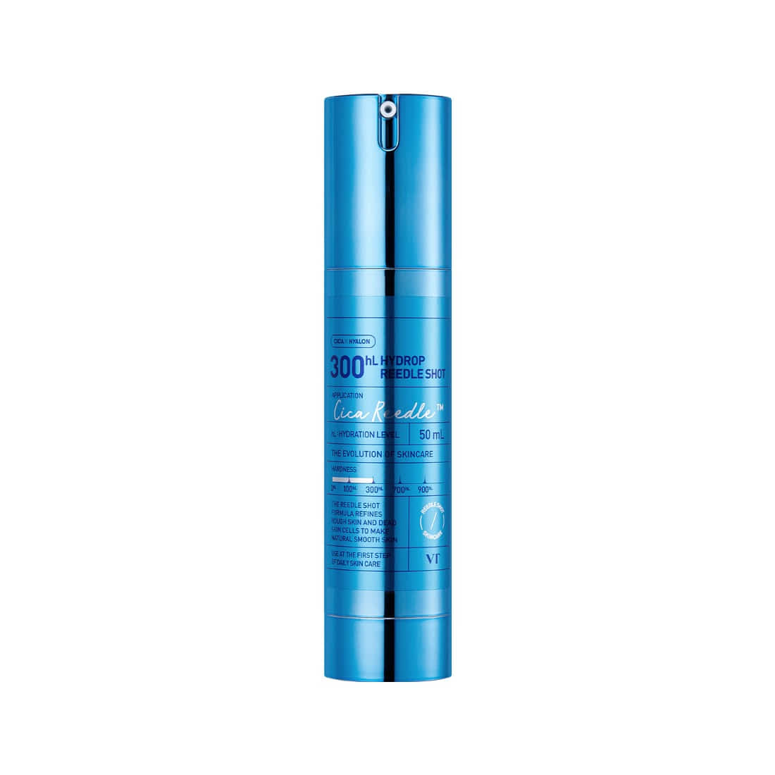 VT COSMETICS Hydrop Reedle Shot® in a sleek blue bottle packaging, designed for skincare use.