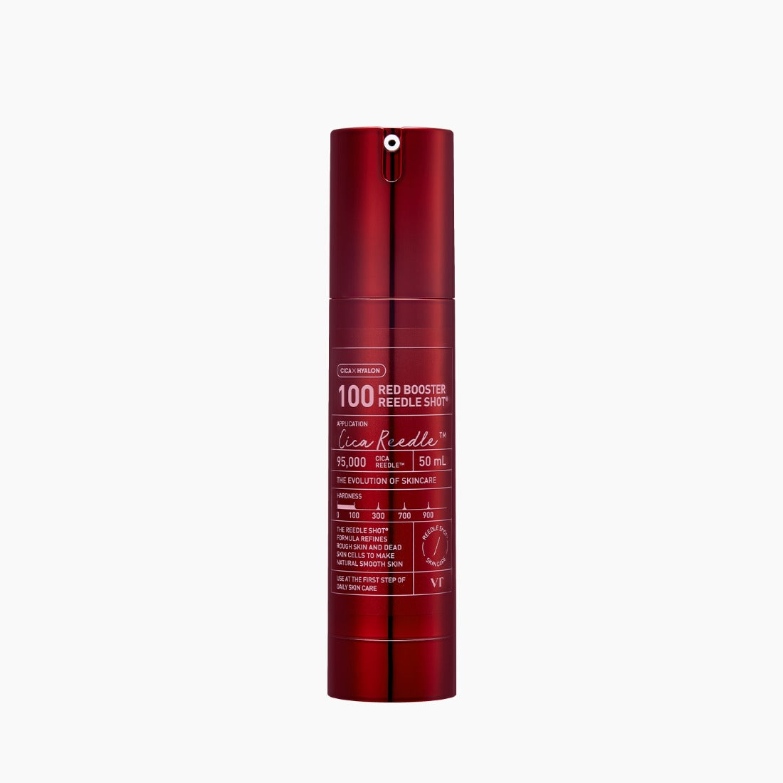 VT COSMETICS Red Booster Reedle Shot® skincare product in red bottle, 50ml, with detailed label, isolated on light background.