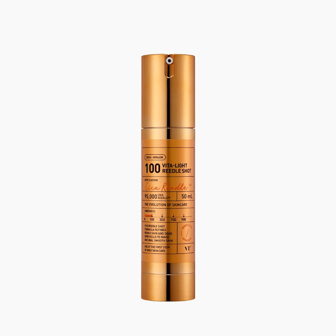 VT COSMETICS Vita-Light Reedle Shot® serum bottle with golden packaging, 100ml skincare product for brightening and rejuvenation.