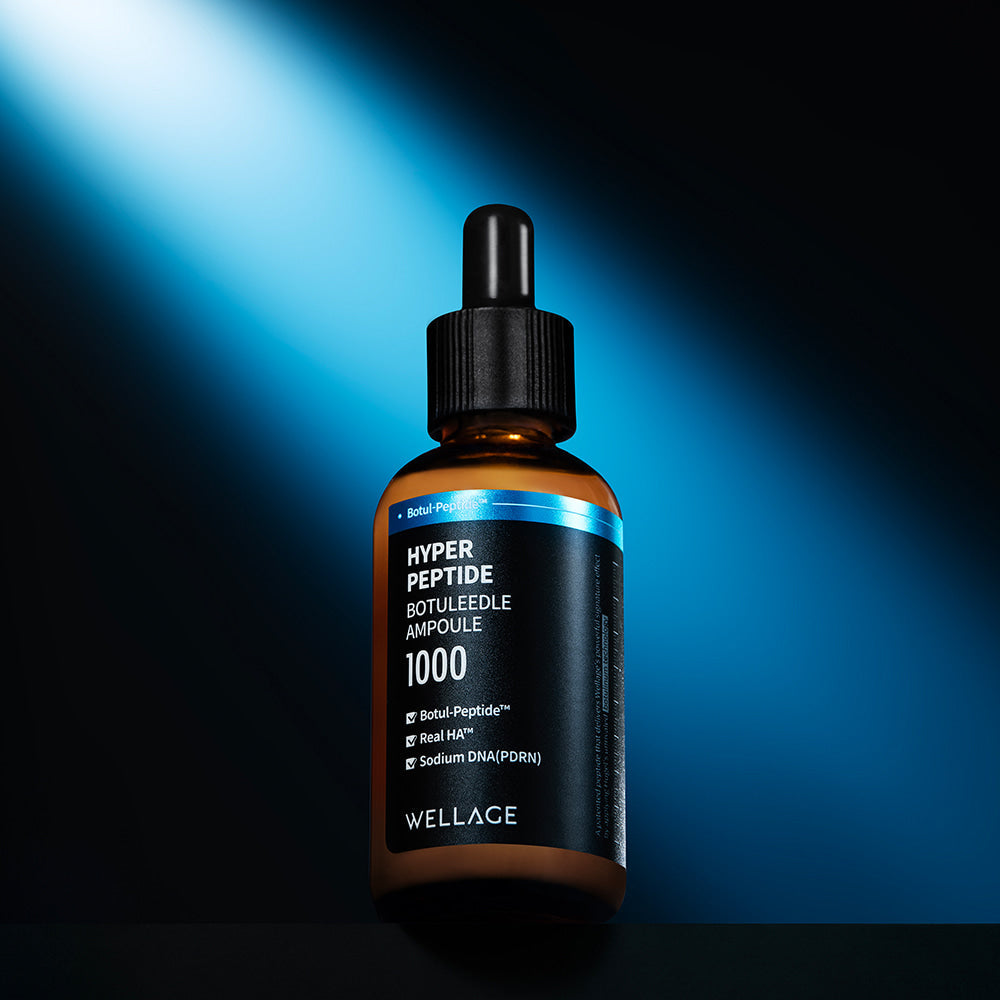 WELLAGE Hyper Peptide Botulinum Ampoule 50ml bottle against dramatic lighting on black background