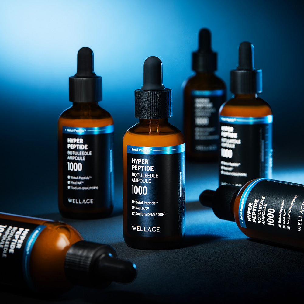 WELLAGE Hyper Peptide Botulinum Ampoule 50ml bottles arranged on a dark surface.