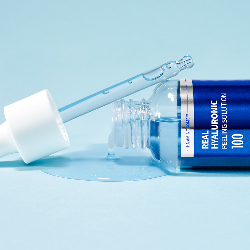 WELLAGE Real Hyaluronic Peeling Solution 30ml bottle with dropper on a blue background, showcasing skincare product details.