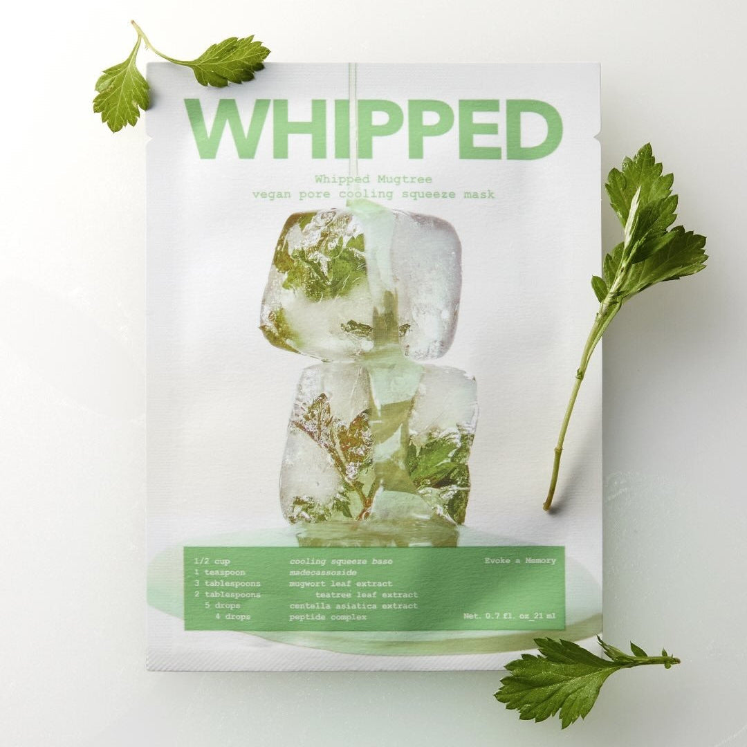 WHIPPED Mugtree Vegan Pore Cooling Squeeze Mask 1ea packaging with herbal elements and ice for effective skincare.