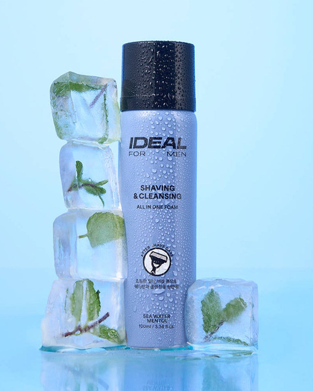 Shaving and cleansing foam for men by Ideal; scene with ice cubes and mint leaves, blue background.