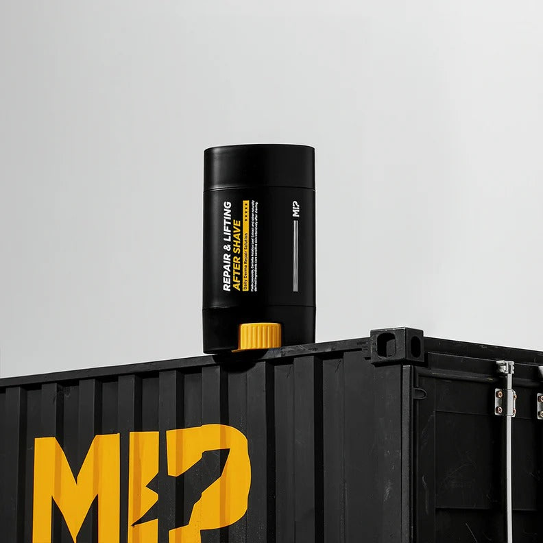 Black and yellow MP Repair & Lifting After Shave bottle on a branded container, minimalistic design