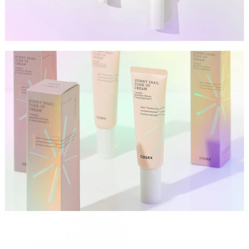 COSRX Sunny Snail Tone-Up Cream with packaging in pastel lighting