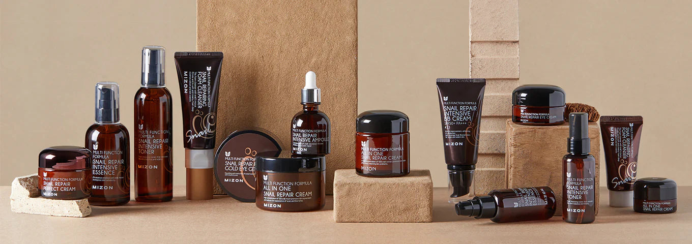 Unveiling MIZON: Exploring the Beauty Behind the Korean Skincare Sensation - a collection of skincare products displayed elegantly.