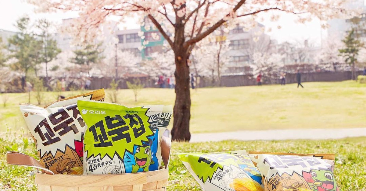 ORION: Discover the Snack Universe That Everyone's Talking About! Picnic with ORION snacks under cherry blossom trees.