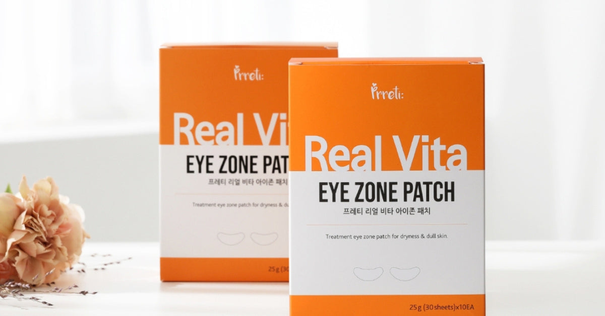 PRRETI: Eye-Catching Skincare for Your Brightest, Most Playful Eyes! Real Vita Eye Zone Patch packaging.