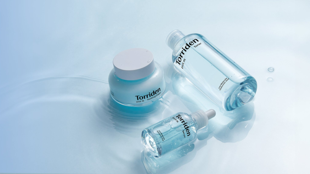 Exploring TORRIDEN The Journey to Radiant Skin Begins Here: Korean skincare products on a water backdrop.