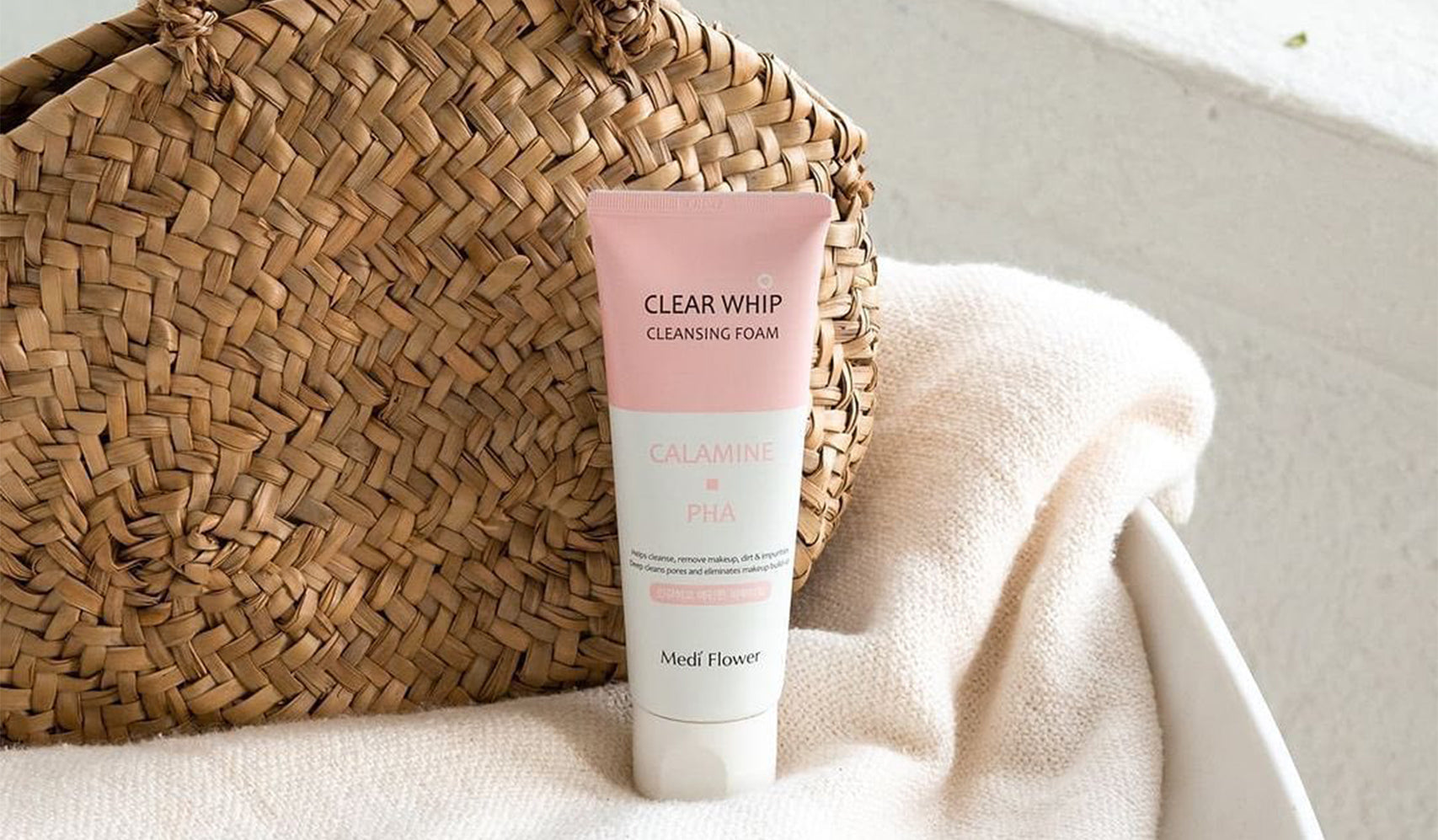 MEDI FLOWER: Nourishing Beauty and Holistic Skincare Solutions - Clear Whip Cleansing Foam with Calamine and PHA on a cozy setup
