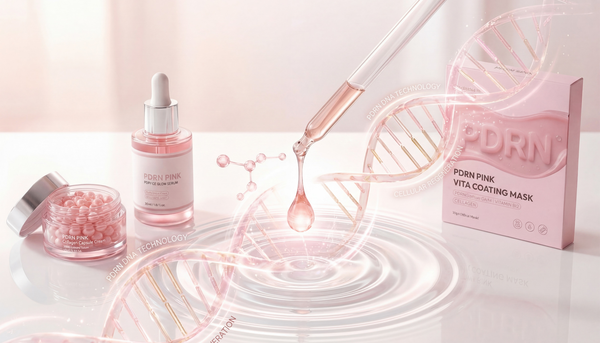 PDRN skincare products showcasing 'The Rise of PDRN in Korean Skincare: The Secret Behind Glass Skin' with salmon DNA beauty essentials.