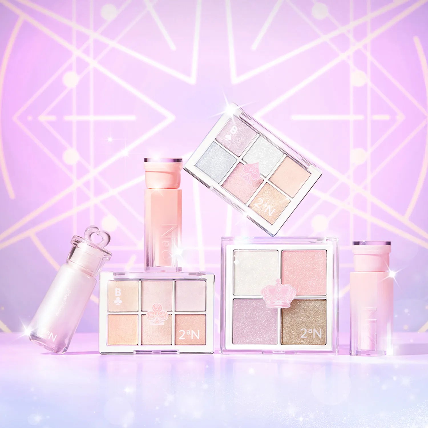 2AN Jelly Glow Highlighter Palette 10.8g with shimmering pastel shades against a geometric pink backdrop