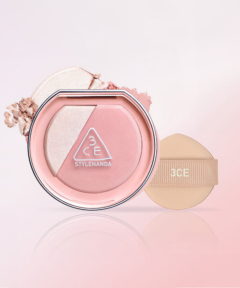 3CE Blushlighter in compact with cushion applicator on a light pink background
