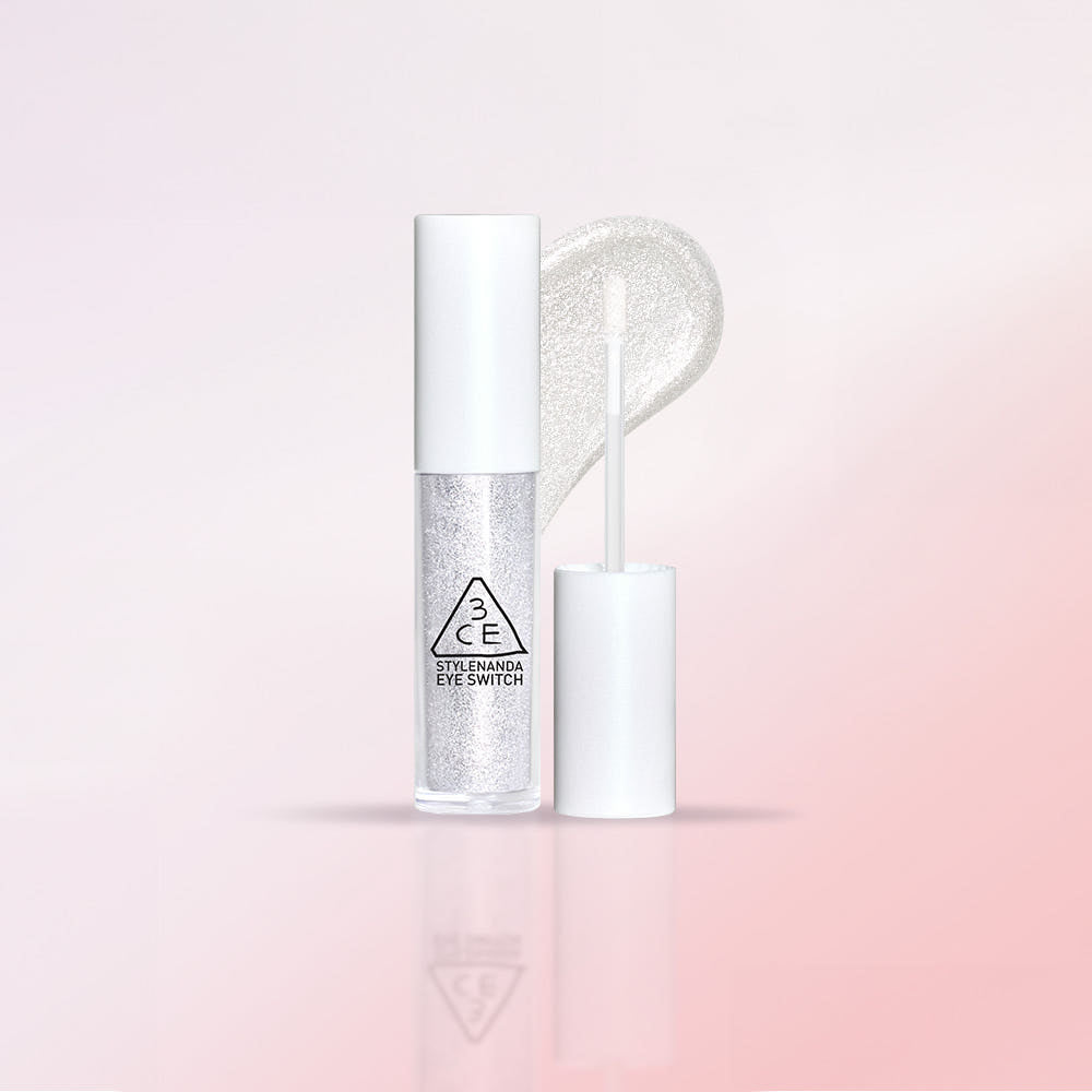 3CE Eye Switch glitter makeup for dazzling eyes on pastel pink background