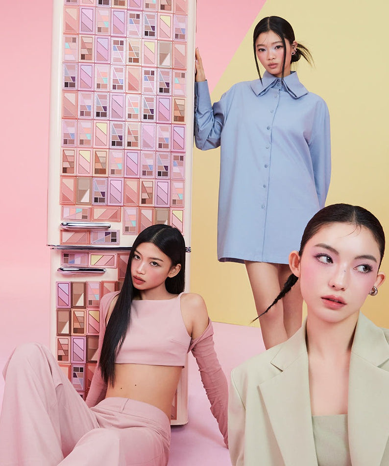 Models posing with 3CE Layer It All Blush Palette 10.5g display backdrop, showcasing fashion and makeup coordination.