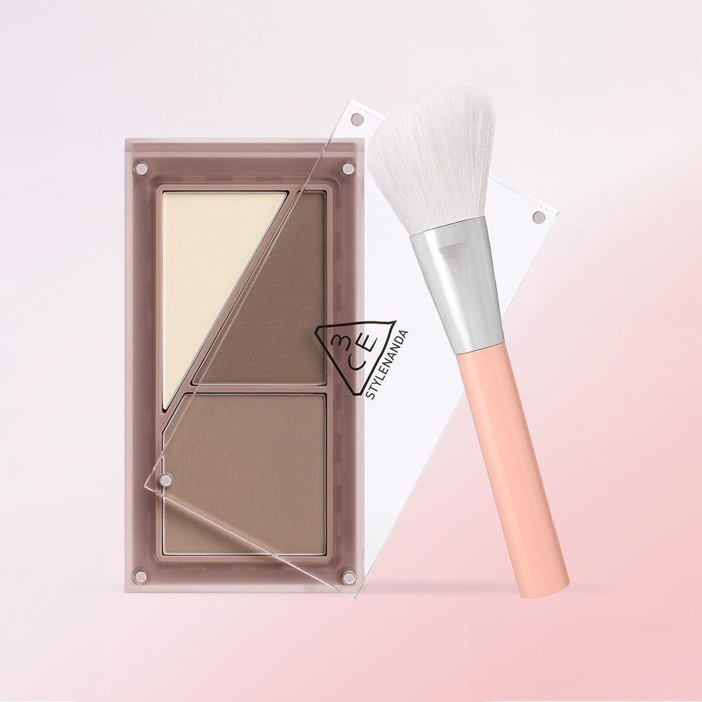 3CE Layer It All Contour Palette 9.5g with brush on pink background