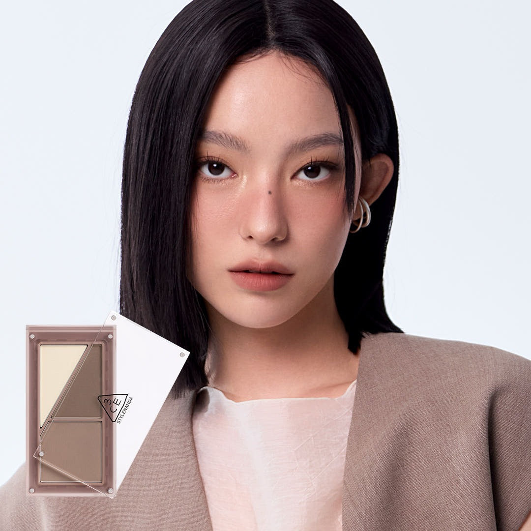 3CE Layer It All Contour Palette 9.5g displayed with model showcasing makeup look