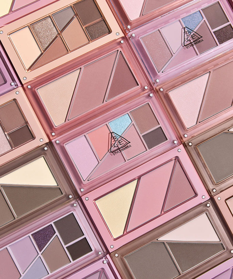 3CE Layer It All Eye Palette 7.5g showcase featuring multiple eyeshadow color combinations.