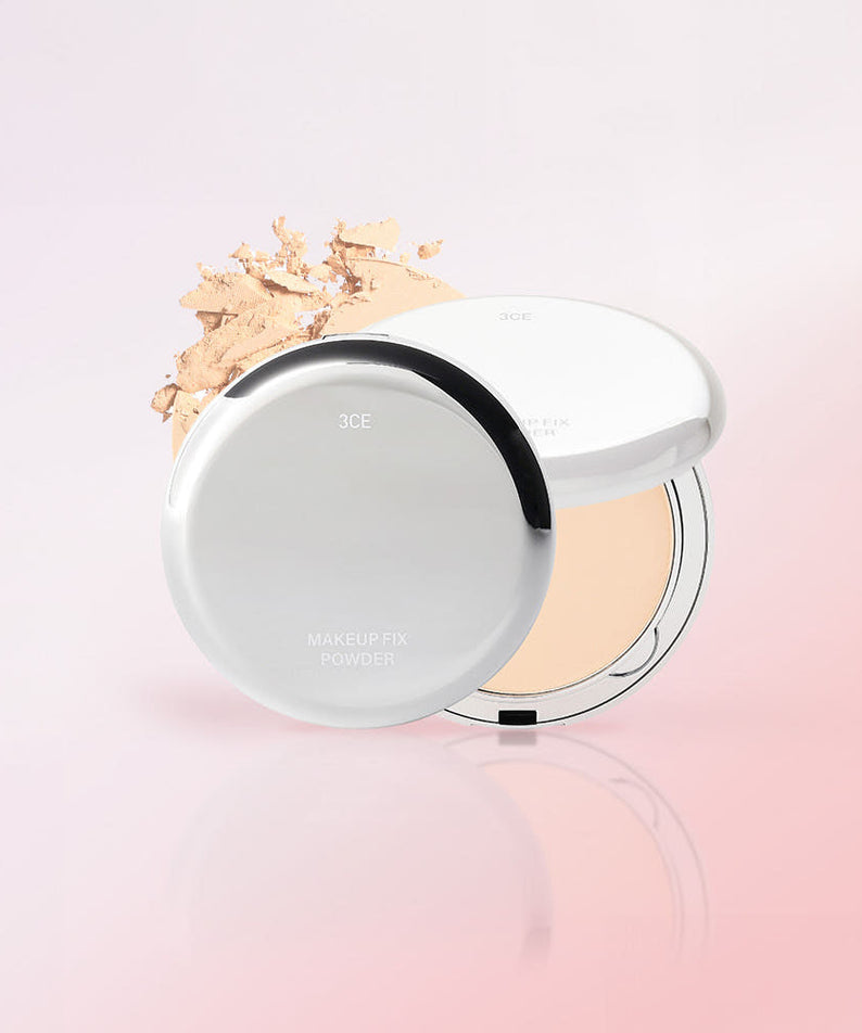 3CE Makeup Fix Powder 9g compact with powder on a pink background, open and ready for use.