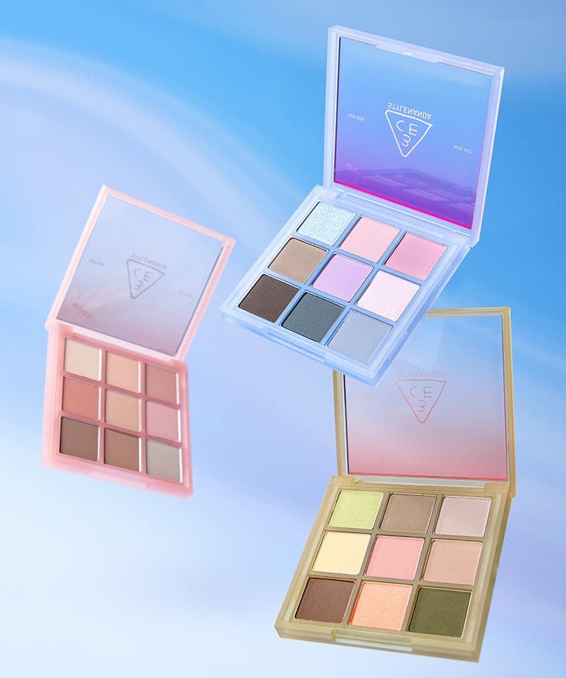 3CE Multi Eye Color Palette 7g in various shades for versatile eye makeup looks, featuring 9-color blocks in pink, blue, and yellow cases.