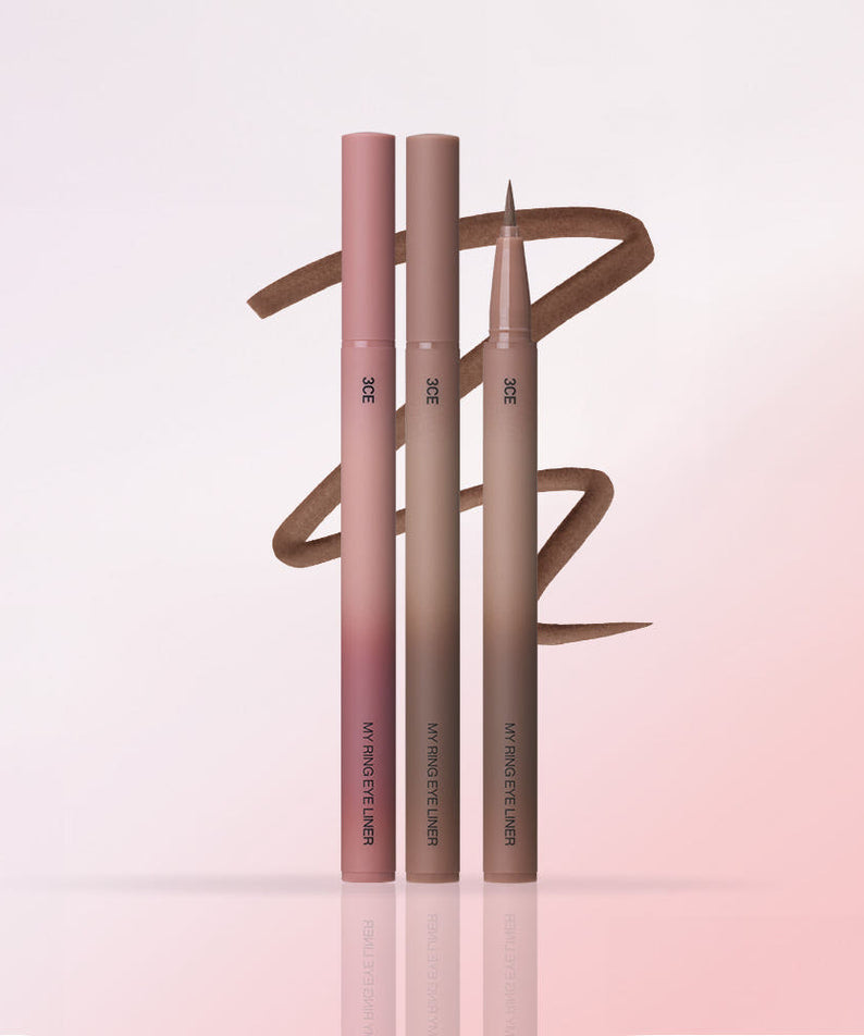 3CE My Ring Eyeliner Duo in pink and brown shades on a soft gradient background.